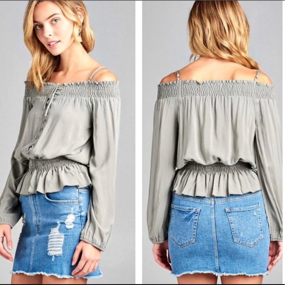 Sage lace up off the shoulder top - Picture 2 of 3